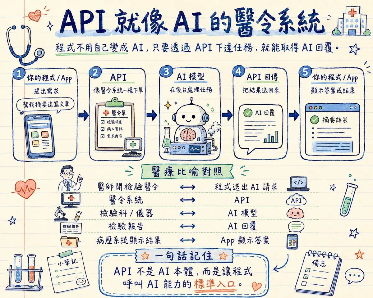 API 教學海報：API 就像 AI 的醫令系統，程式不用自己變成 AI，只要透過 API 下達任務就能取得 AI 回覆；五步驟流程 — 你的程式提出需求、API 像醫令系統一樣下單、AI 模型在後台處理任務、API 把結果送回來、程式顯示答案；醫療比喻對照表 — 醫師開檢驗醫令＝程式送出 AI 請求、醫令系統＝API、檢驗科儀器＝AI 模型、檢驗報告＝AI 回覆、病歷系統顯示結果＝App 顯示答案；一句話記住：API 不是 AI 本體，而是讓程式呼叫 AI 能力的標準入口