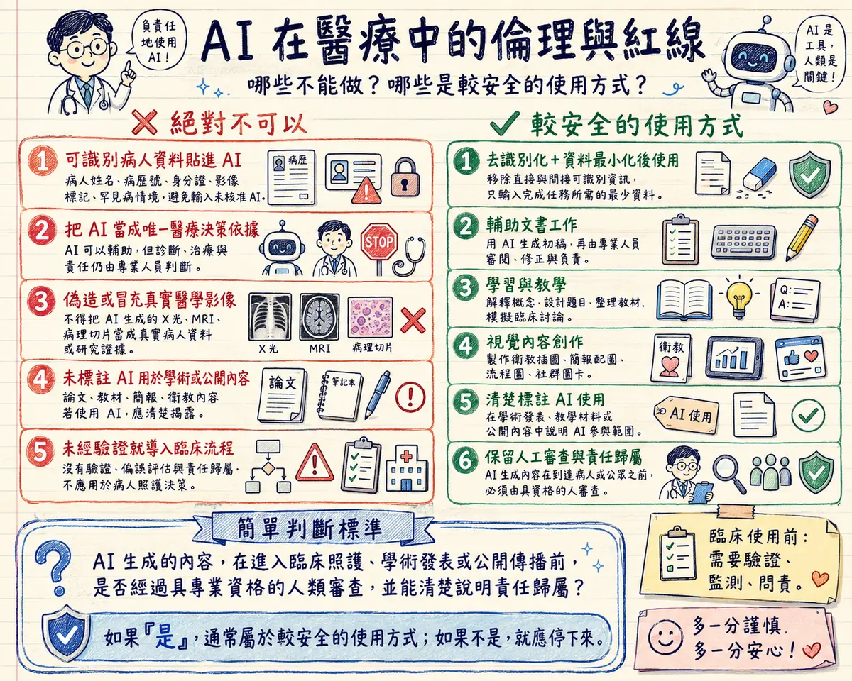 AI 在醫療中的倫理與紅線教學海報：左欄五條絕對不可以 — 可識別病人資料貼進 AI（病人姓名、病歷號、身分證、影像標記、罕見病情境，避免輸入未核准 AI）、把 AI 當成唯一醫療決策依據（AI 可以輔助，但診斷、治療與責任仍由專業人員判斷）、偽造或冒充真實醫學影像（不得把 AI 生成的 X 光、MRI、病理切片當成真實病人資料或研究證據）、未標註 AI 用於學術或公開內容（論文、教材、簡報、衛教內容若使用 AI 應清楚揭露）、未經驗證就導入臨床流程（沒有驗證、偏誤評估與責任歸屬，不應用於病人照護決策）；右欄六條較安全的使用方式 — 去識別化＋資料最小化後使用、輔助文書工作、學習與教學、視覺內容創作、清楚標註 AI 使用、保留人工審查與責任歸屬；底部簡單判斷標準：AI 生成的內容在進入臨床照護、學術發表或公開傳播前，是否經過具專業資格的人類審查並能清楚說明責任歸屬？如果是，通常屬於較安全的使用方式；如果不是，就應停下來；角落提醒臨床使用前需要驗證、監測、問責