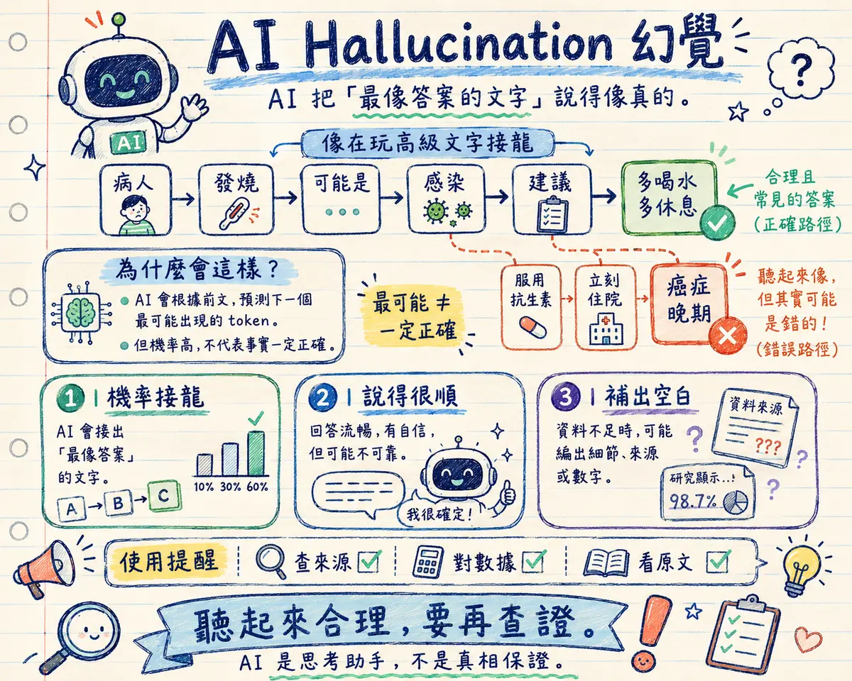 AI 幻覺教學海報：AI 把「最像答案的文字」說得像真的，像在玩高級文字接龍 — 以病人發燒為例，接龍到「多喝水多休息」是合理且常見的正確路徑，但也可能接到服用抗生素、立刻住院、癌症晚期等聽起來像但其實可能是錯的路徑；為什麼會這樣：AI 根據前文預測下一個最可能的 token，但機率高不代表事實正確；三個特徵 — 機率接龍、說得很順（回答流暢有自信但可能不可靠）、補出空白（資料不足時編出細節、來源或數字）；使用提醒：查來源、對數據、看原文 — 聽起來合理，要再查證
