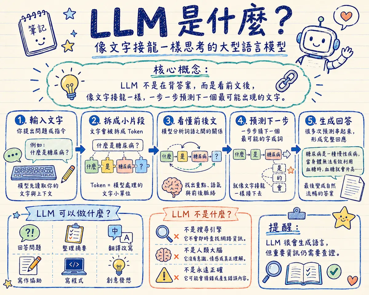 LLM 是什麼教學海報：像文字接龍一樣思考的大型語言模型，核心概念是 LLM 不是在背答案，而是看前文後一步一步預測下一個最可能出現的文字；五步驟以「什麼是糖尿病」為例 — 輸入文字、拆成 Token 小片段、看懂前後文、預測下一步、生成回答；下方列 LLM 可以做什麼（回答問題、整理摘要、翻譯改寫、寫作協助、寫程式、創意發想）與不是什麼（不是搜尋引擎、不是人類大腦、不是永遠正確），提醒重要資訊仍需查證