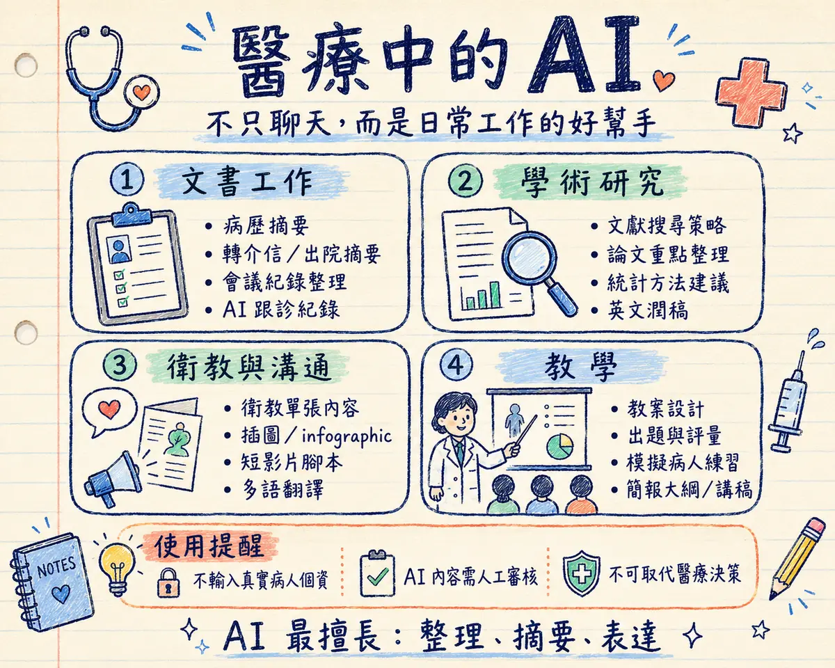 醫療中的 AI 教學海報：不只聊天，而是日常工作的好幫手 — 四大場景：文書工作（病歷摘要、轉介信/出院摘要、會議紀錄整理、AI 跟診紀錄）、學術研究（文獻搜尋策略、論文重點整理、統計方法建議、英文潤稿）、衛教與溝通（衛教單張內容、插圖/infographic、短影片腳本、多語翻譯）、教學（教案設計、出題與評量、模擬病人練習、簡報大綱/講稿）；使用提醒：不輸入真實病人個資、AI 內容需人工審核、不可取代醫療決策；底部總結 AI 最擅長整理、摘要、表達