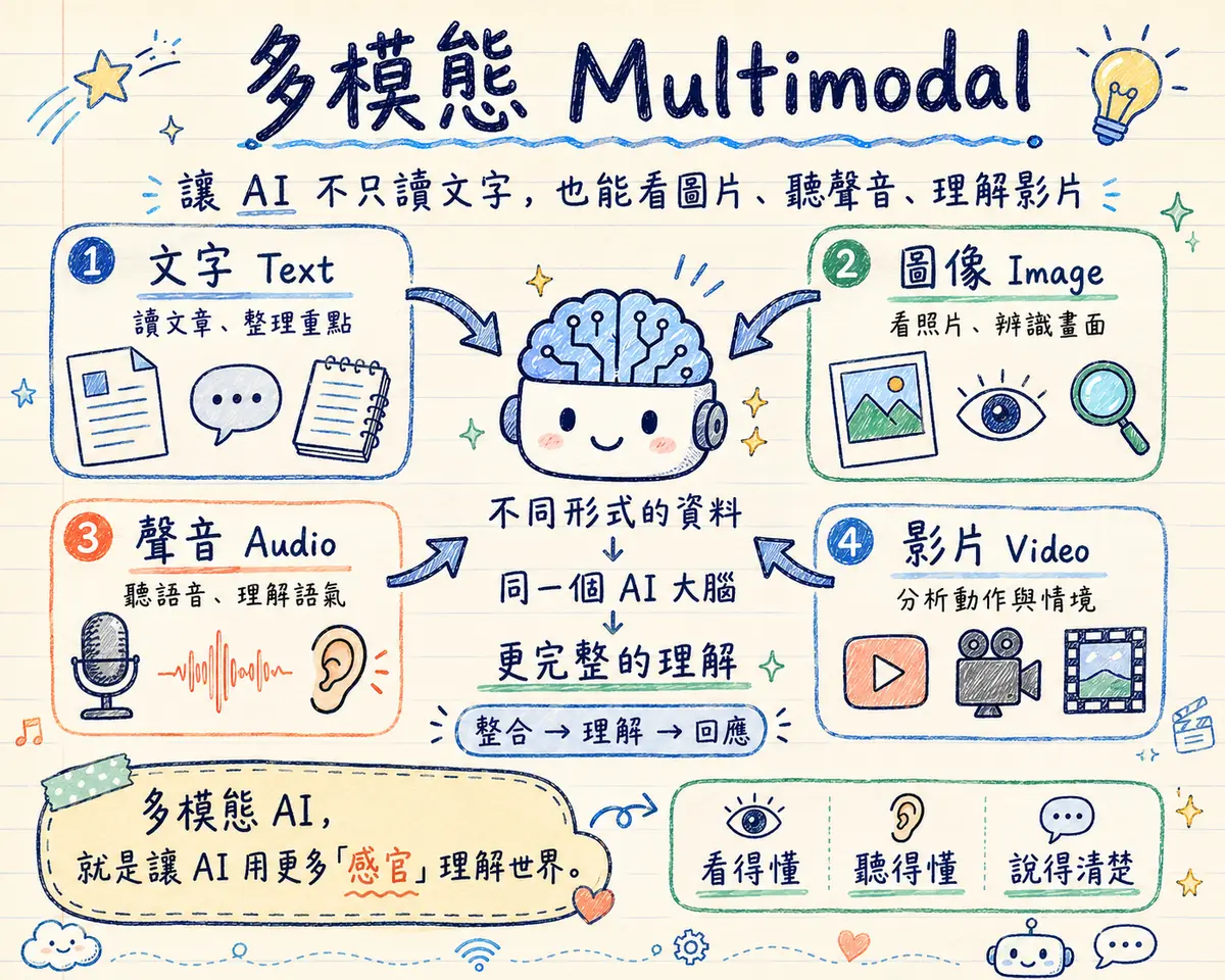 多模態 Multimodal 教學海報：讓 AI 不只讀文字，也能看圖片、聽聲音、理解影片 — 文字（讀文章、整理重點）、圖像（看照片、辨識畫面）、聲音（聽語音、理解語氣）、影片（分析動作與情境）四種形式的資料進入同一個 AI 大腦，整合→理解→回應，形成更完整的理解；多模態 AI 就是讓 AI 用更多「感官」理解世界 — 看得懂、聽得懂、說得清楚