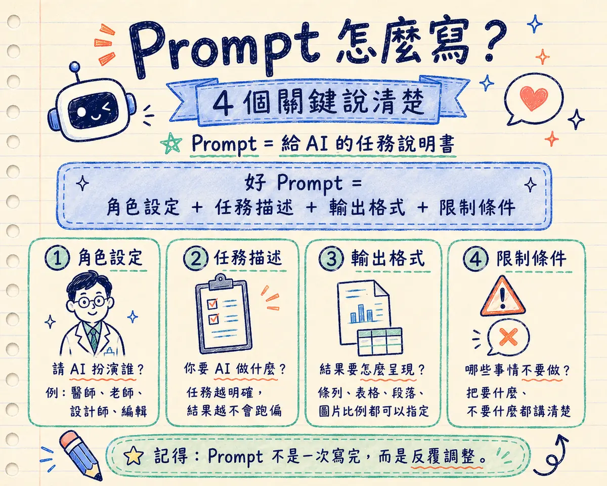 Prompt 怎麼寫教學海報：Prompt ＝ 給 AI 的任務說明書，好 Prompt ＝ 角色設定＋任務描述＋輸出格式＋限制條件；四格圖解 — 角色設定（請 AI 扮演誰，例如醫師、老師、設計師、編輯）、任務描述（你要 AI 做什麼，任務越明確結果越不會跑偏）、輸出格式（結果要怎麼呈現，條列、表格、段落、圖片比例都可以指定）、限制條件（哪些事情不要做，把要什麼不要什麼都講清楚）；底部提醒 Prompt 不是一次寫完，而是反覆調整