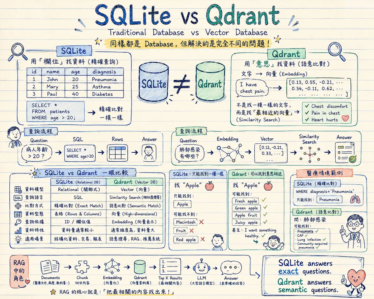 SQLite vs Qdrant 教學海報：傳統資料庫與向量資料庫的差別，同樣都是 Database 但解決的是完全不同的問題 — SQLite 用欄位找資料（精確查詢，SELECT * FROM patients WHERE age > 20，精確比對一模一樣），Qdrant 用意思找資料（語意比對，文字先轉成向量 Embedding，找最相近的向量 Similarity Search）；一眼比較：資料模型關聯式 vs 向量、查詢語言 SQL vs 相似度搜尋、比對方式精確比對 vs 語意比對、適用場景結構化資料交易報表 vs 語意搜尋 RAG 推薦系統；找 Apple 的例子：SQLite 只能找到一模一樣的 Apple，Qdrant 可以找到 Fresh apple、Green apple 甚至 I want something healthy；醫療情境：SQLite 查 diagnosis='Pneumonia' 只能找到 Pneumonia，Qdrant 問肺部感染可以找到 Pneumonia、CAP、Lung infection、Community-acquired pneumonia；RAG 中的角色：文件 → 切分內容 → Embedding 向量化 → Qdrant 向量資料庫 → 找出最相關內容 → LLM 生成更準確的回答；結論：SQLite 回答精確的問題，Qdrant 回答語意的問題