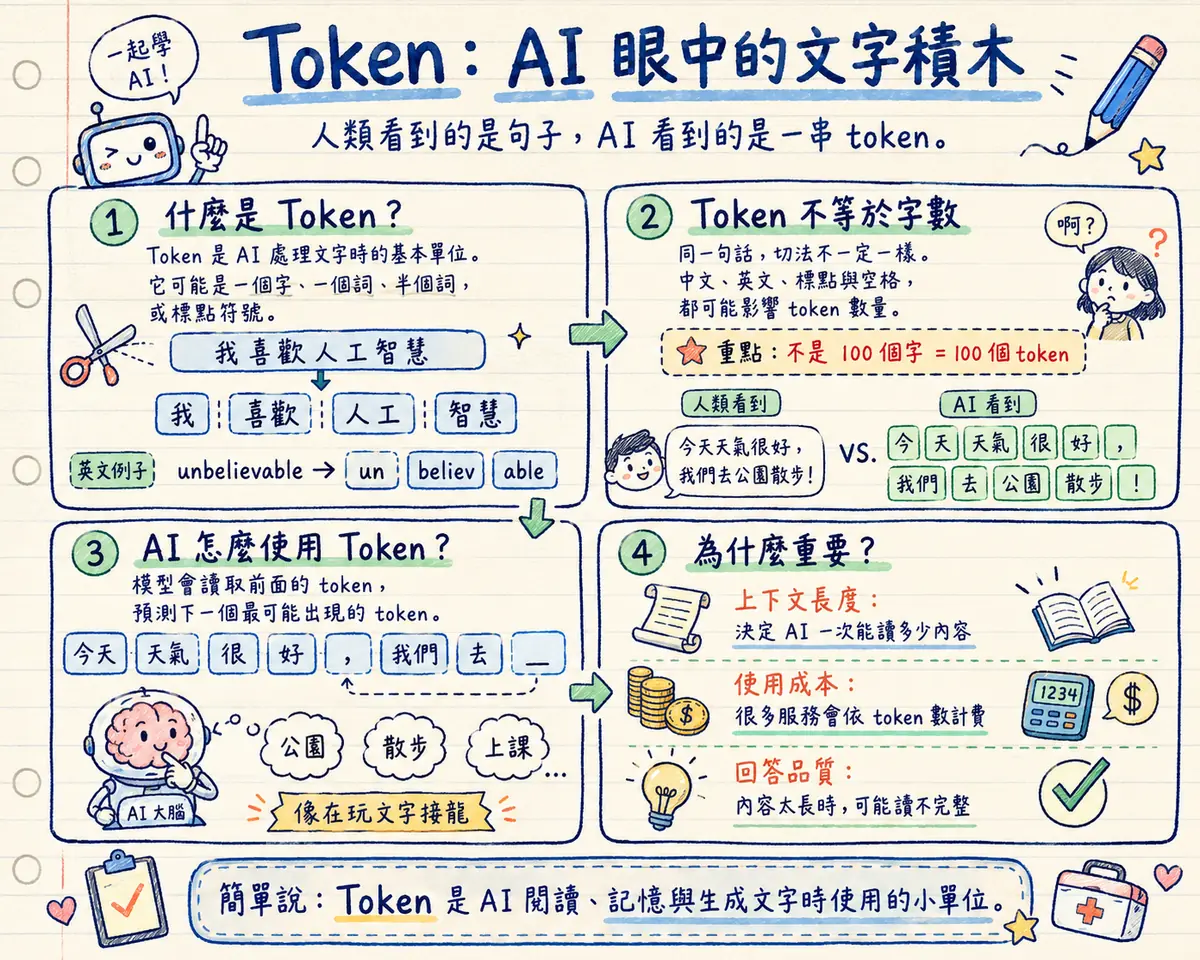 Token 教學海報：AI 眼中的文字積木，人類看到的是句子、AI 看到的是一串 token；四格說明 — 什麼是 Token（AI 處理文字的基本單位，「我喜歡人工智慧」拆成我／喜歡／人工／智慧，英文 unbelievable 拆成 un／believ／able）、Token 不等於字數（不是 100 個字＝100 個 token）、AI 怎麼使用 Token（讀取前面的 token 預測下一個，像在玩文字接龍）、為什麼重要（上下文長度決定 AI 一次能讀多少、很多服務依 token 數計費、內容太長時可能讀不完整）