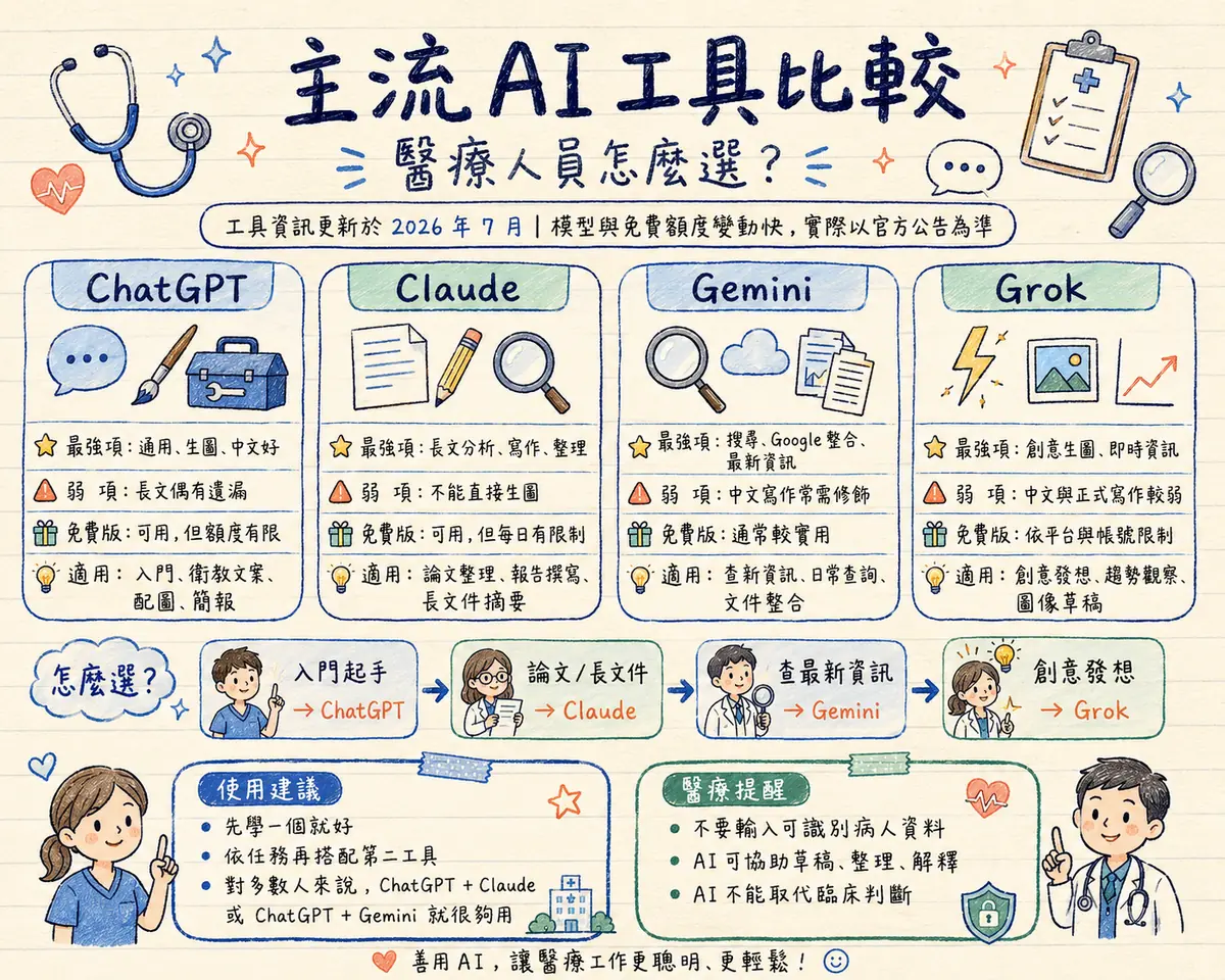 主流 AI 工具比較教學海報：醫療人員怎麼選？工具資訊更新於 2026 年 7 月，模型與免費額度變動快，實際以官方公告為準；四張工具卡 — ChatGPT（最強項通用、生圖、中文好；弱項長文偶有遺漏；免費版可用但額度有限；適用入門、衛教文案、配圖、簡報）、Claude（最強項長文分析、寫作、整理；弱項不能直接生圖；適用論文整理、報告撰寫、長文件摘要）、Gemini（最強項搜尋、Google 整合、最新資訊；弱項中文寫作常需修飾；免費版通常較實用；適用查新資訊、日常查詢、文件整合）、Grok（最強項創意生圖、即時資訊；弱項中文與正式寫作較弱；適用創意發想、趨勢觀察、圖像草稿）；怎麼選 — 入門起手 ChatGPT、論文長文件 Claude、查最新資訊 Gemini、創意發想 Grok；使用建議：先學一個就好、依任務再搭配第二工具，對多數人來說 ChatGPT+Claude 或 ChatGPT+Gemini 就很夠用；醫療提醒：不要輸入可識別病人資料、AI 可協助草稿整理解釋、AI 不能取代臨床判斷