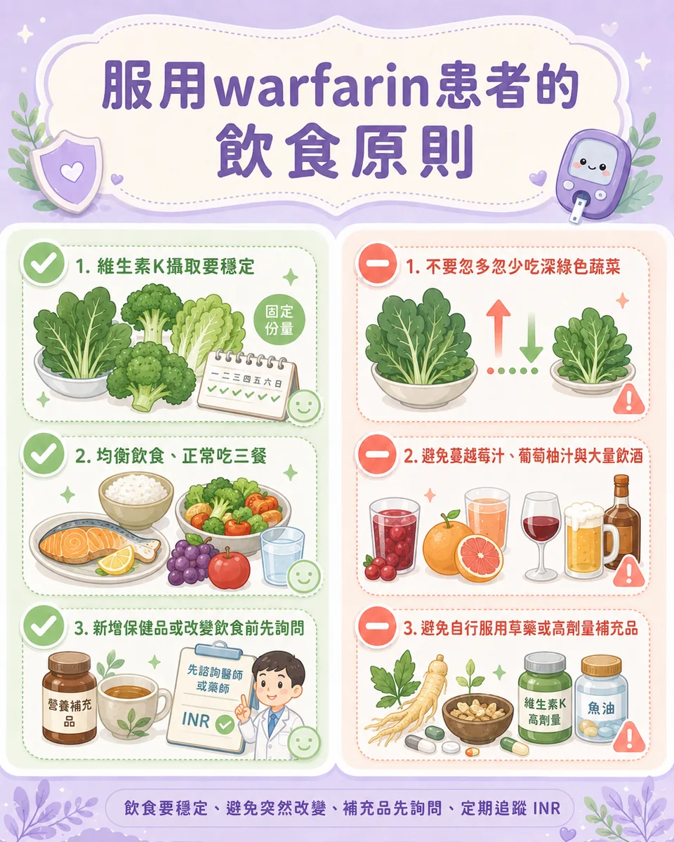 ChatGPT 以相同風格生成的 warfarin 飲食原則衛教圖（系列第二張）