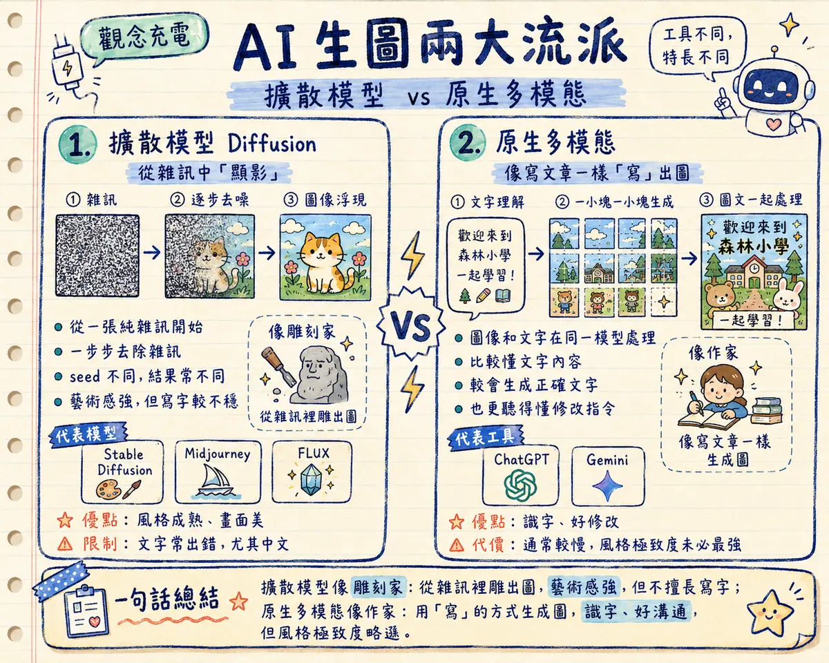 手繪風教學海報「AI 生圖兩大流派」：擴散模型（Stable Diffusion、Midjourney、FLUX）像雕刻家從雜訊中逐步顯影，畫面美但文字常出錯；原生多模態（ChatGPT、Gemini）像作家用寫的方式生圖，識字、好修改，但通常較慢