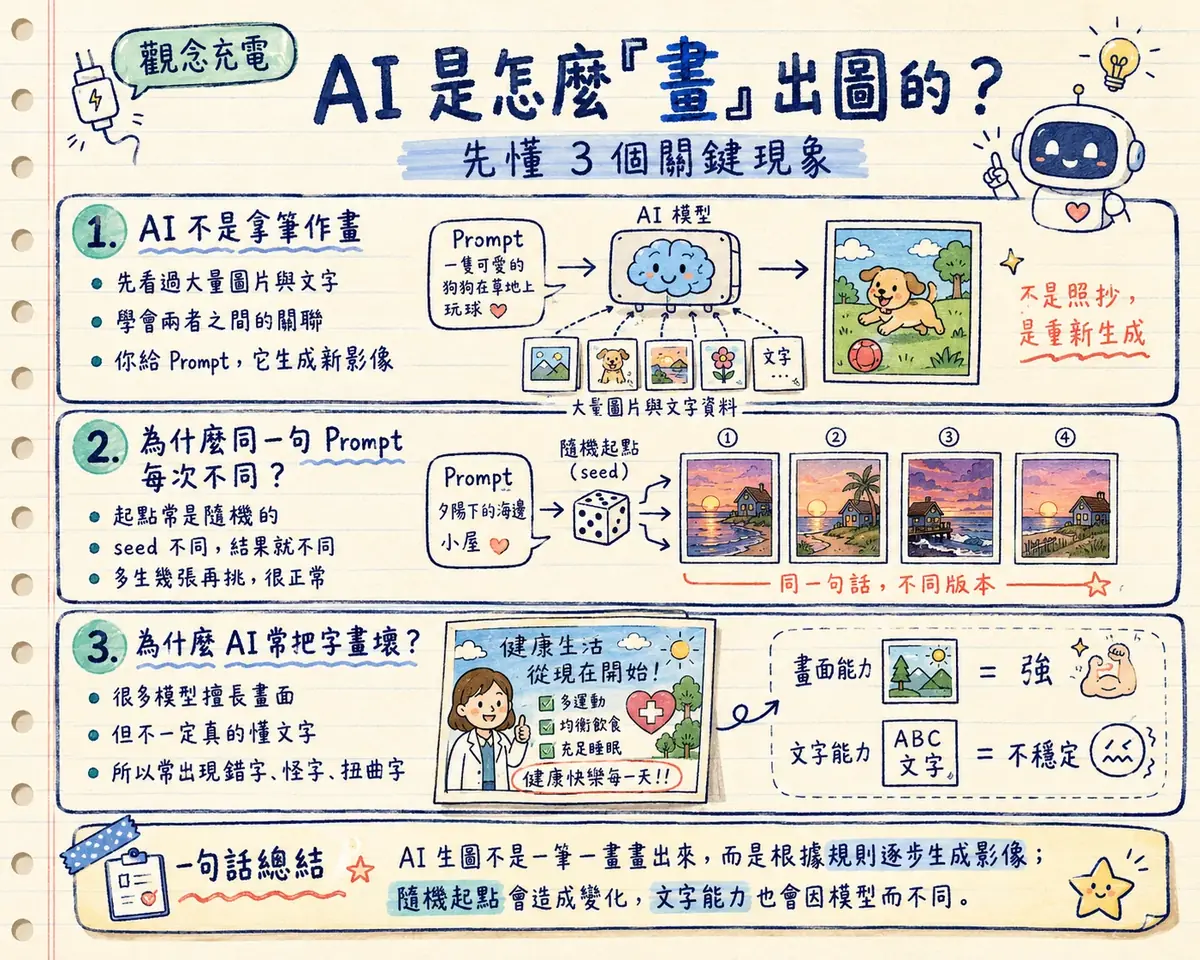 手繪風教學海報「AI 是怎麼畫出圖的？」：三個關鍵現象 — AI 不是拿筆作畫，是從大量圖文資料學會關聯後重新生成；同一句 Prompt 因隨機起點（seed）不同，每次結果都不同；模型畫面能力強但文字能力不穩定，所以常把字畫壞