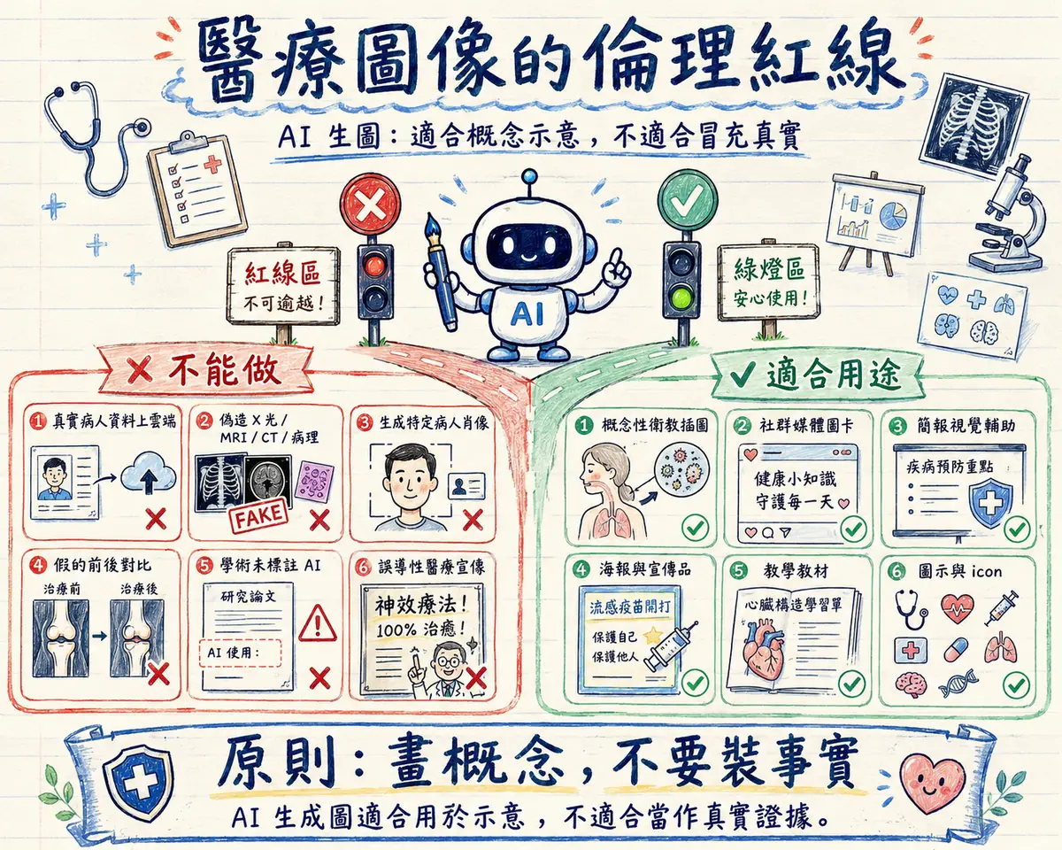 手繪風教學海報「醫療圖像的倫理紅線」：紅燈區六項不能做 — 真實病人資料上雲端、偽造 X 光／MRI／CT／病理影像、生成特定病人肖像、假的前後對比、學術未標註 AI、誤導性醫療宣傳；綠燈區六項適合用途 — 概念性衛教插圖、社群媒體圖卡、簡報視覺輔助、海報宣傳品、教學教材、圖示與 icon。原則：畫概念，不要裝事實