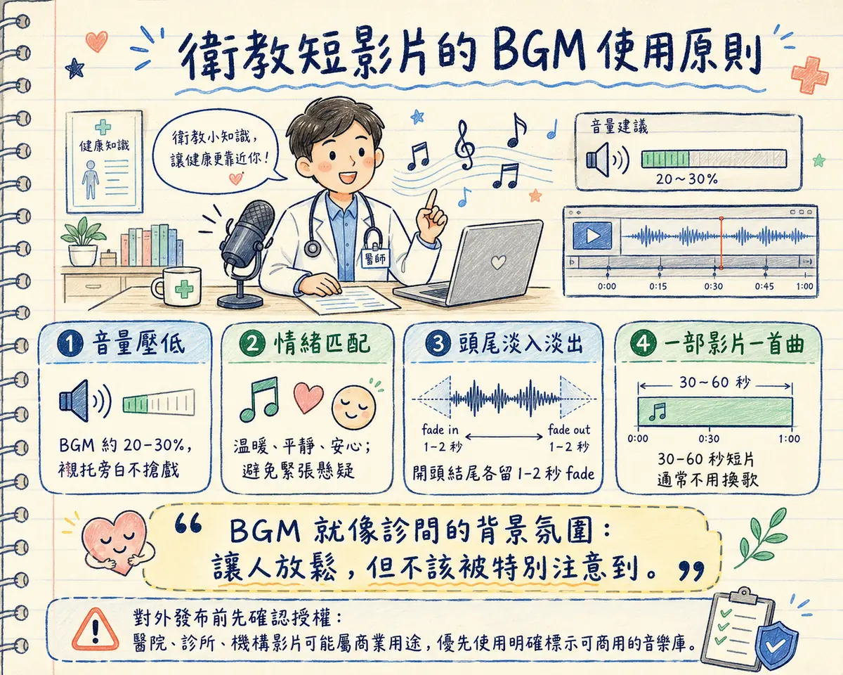 衛教短影片的 BGM 使用原則教學海報：①音量壓低 — BGM 約 20-30%，襯托旁白不搶戲；②情緒匹配 — 溫暖、平靜、安心，避免緊張懸疑；③頭尾淡入淡出 — 開頭結尾各留 1-2 秒 fade in／fade out；④一部影片一首曲 — 30-60 秒短片通常不用換歌；金句：BGM 就像診間的背景氛圍，讓人放鬆，但不該被特別注意到；提醒對外發布前先確認授權 — 醫院、診所、機構影片可能屬商業用途，優先使用明確標示可商用的音樂庫