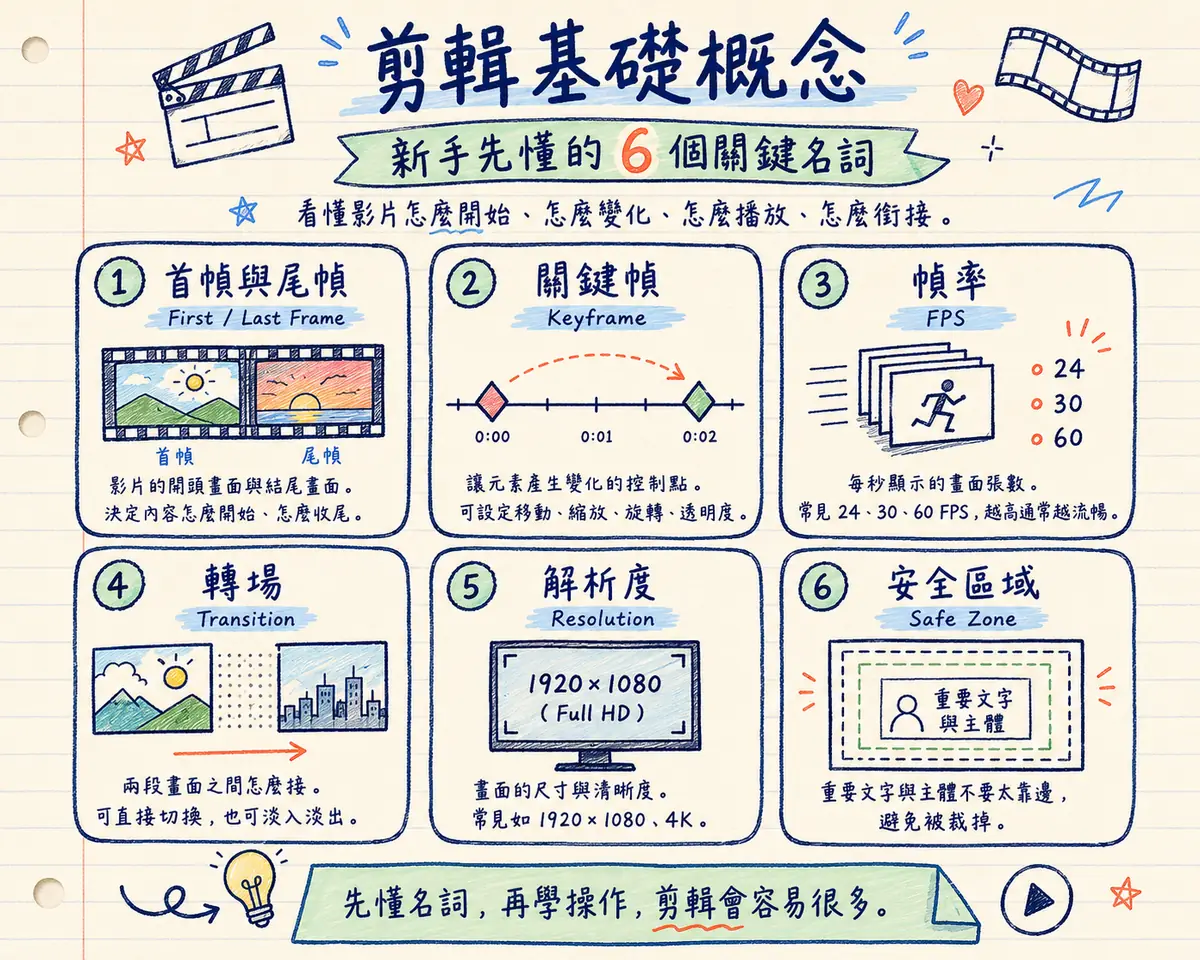 剪輯基礎概念教學海報：新手先懂的六個關鍵名詞 — 首幀與尾幀、關鍵幀、幀率 FPS、轉場、解析度、安全區域，各附手繪圖解，結語「先懂名詞，再學操作，剪輯會容易很多」