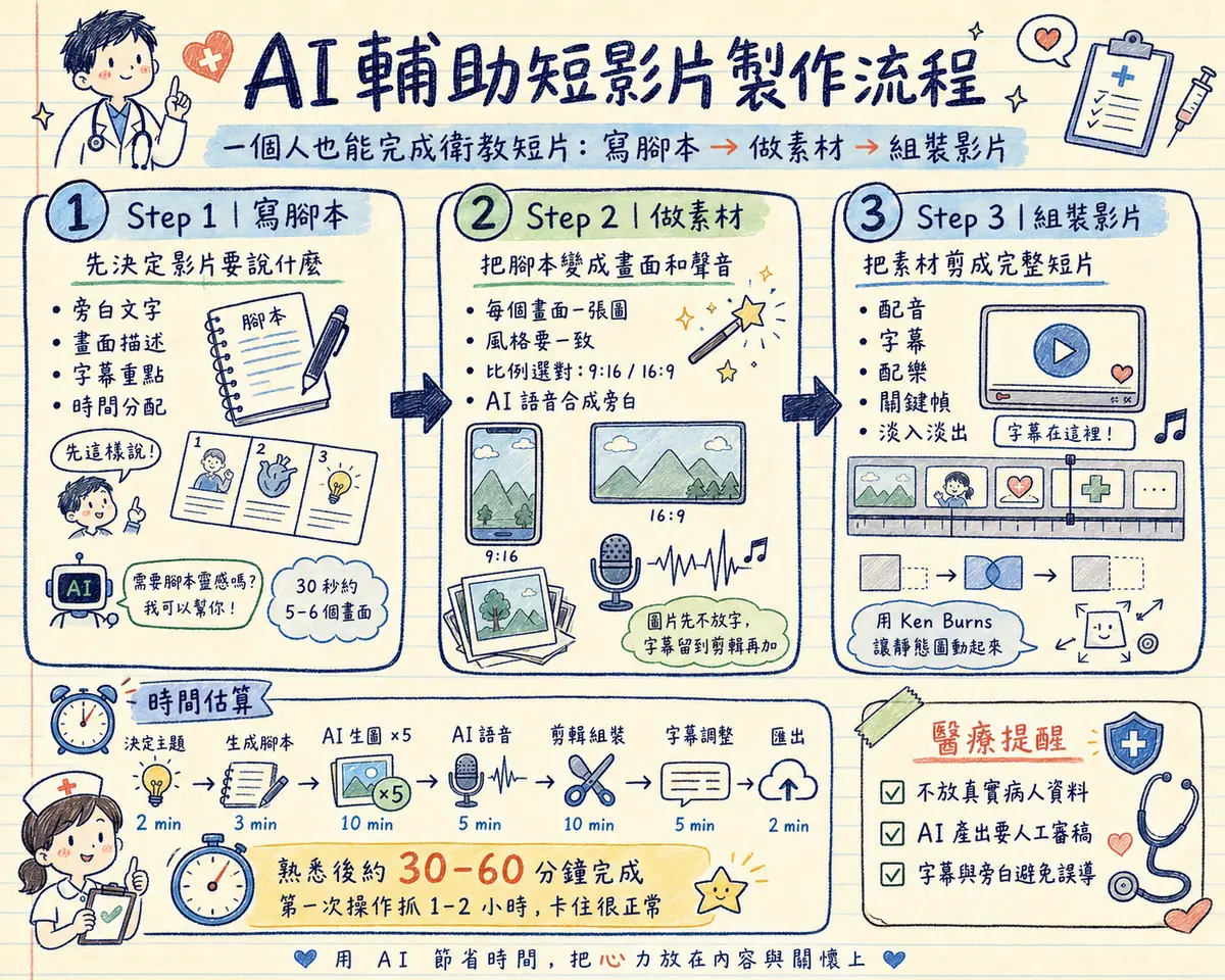 AI 輔助短影片製作流程教學海報：一個人也能完成衛教短片 — 寫腳本→做素材→組裝影片 — Step 1 寫腳本（先決定影片要說什麼）：旁白文字、畫面描述、字幕重點、時間分配，30 秒約 5-6 個畫面；Step 2 做素材（把腳本變成畫面和聲音）：每個畫面一張圖、風格要一致、比例選對 9:16 或 16:9、AI 語音合成旁白，圖片先不放字字幕留到剪輯再加；Step 3 組裝影片（把素材剪成完整短片）：配音、字幕、配樂、關鍵幀、淡入淡出，用 Ken Burns 讓靜態圖動起來；時間估算 — 決定主題 2min、生成腳本 3min、AI 生圖×5 10min、AI 語音 5min、剪輯組裝 10min、字幕調整 5min、匯出 2min，熟悉後約 30-60 分鐘完成，第一次操作抓 1-2 小時卡住很正常；醫療提醒：不放真實病人資料、AI 產出要人工審稿、字幕與旁白避免誤導