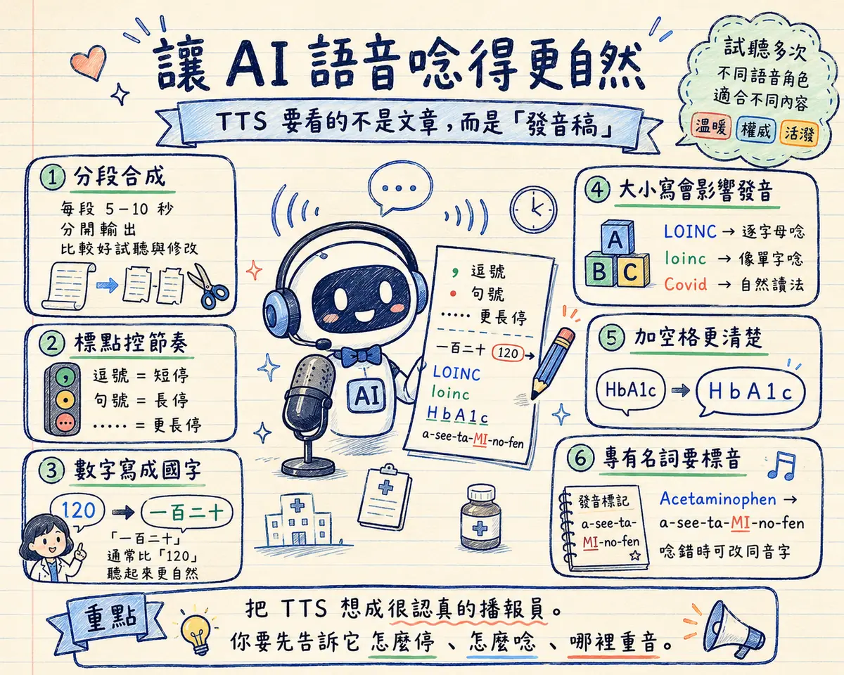 讓 AI 語音唸得更自然教學海報：TTS 要看的不是文章，而是「發音稿」— ①分段合成：每段 5-10 秒分開輸出，比較好試聽與修改；②標點控節奏：逗號短停、句號長停、刪節號更長停；③數字寫成國字：120 改成「一百二十」聽起來更自然；④大小寫會影響發音：LOINC 全大寫逐字母唸、loinc 全小寫像單字唸、Covid 混合大小寫自然讀法；⑤加空格更清楚：HbA1c 改成 H b A 1 c；⑥專有名詞要標音：Acetaminophen 改成 a-see-ta-MI-no-fen，唸錯時可改同音字；提醒試聽多次，不同語音角色（溫暖／權威／活潑）適合不同內容；重點：把 TTS 想成很認真的播報員，你要先告訴它怎麼停、怎麼唸、哪裡重音