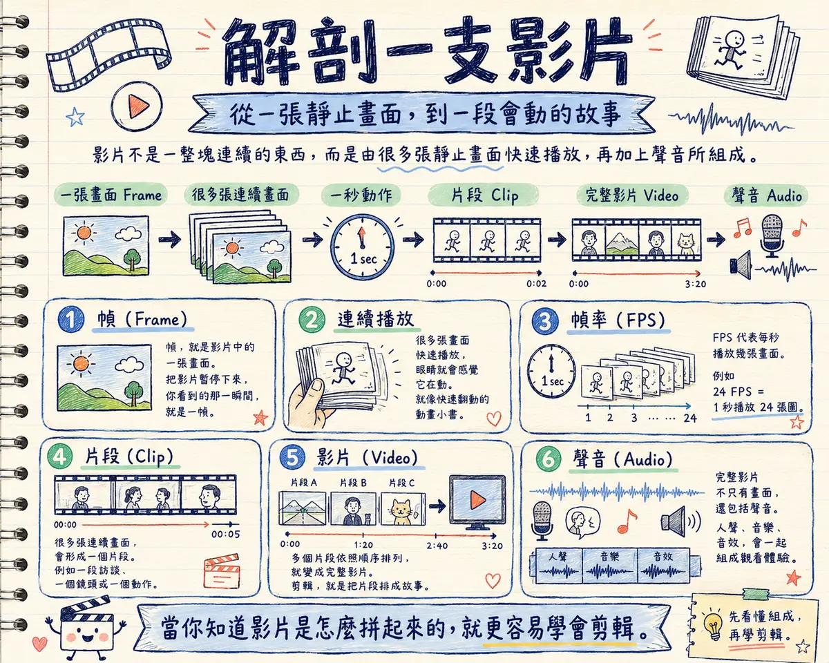 解剖一支影片教學海報：影片是由很多張靜止畫面快速播放再加上聲音組成 — 依序圖解幀 Frame、連續播放、幀率 FPS、片段 Clip、完整影片 Video、聲音 Audio 六個觀念，結語「當你知道影片是怎麼拼起來的，就更容易學會剪輯」