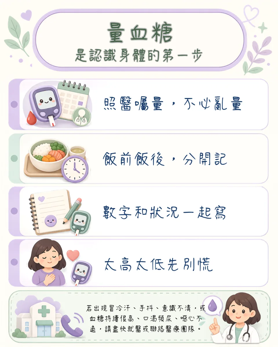 Canva 加字後的成品：標題「量血糖，是認識身體的第一步」，四行手寫體重點與底部就醫提醒文字，中文字型工整無錯字