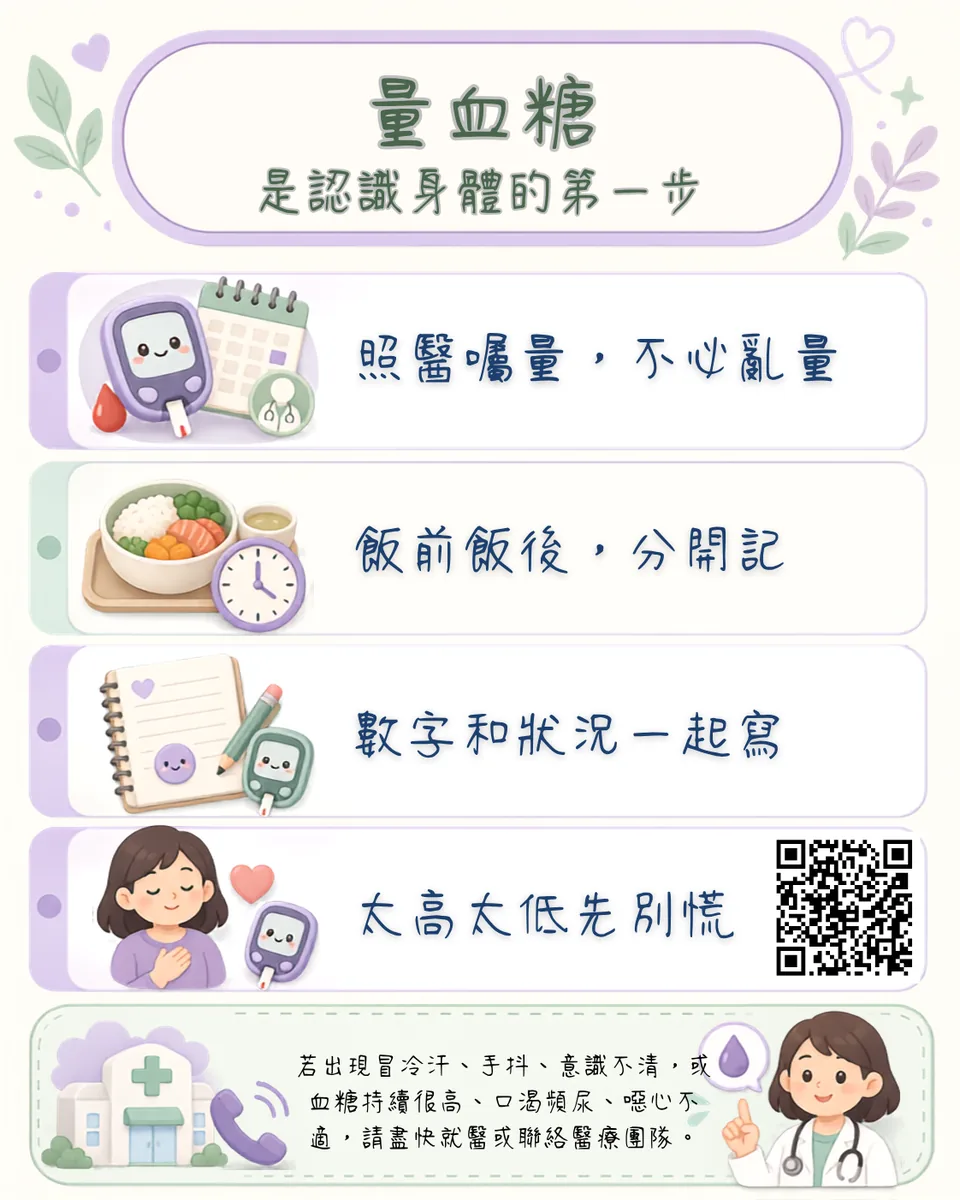 完成的衛教單張成品：量血糖主題，標題加四大重點各配可愛插圖，右下角附 QR code 連到延伸資訊，底部是就醫提醒 — AI 底圖、Canva 繁中文字與 QR code 的完整組合