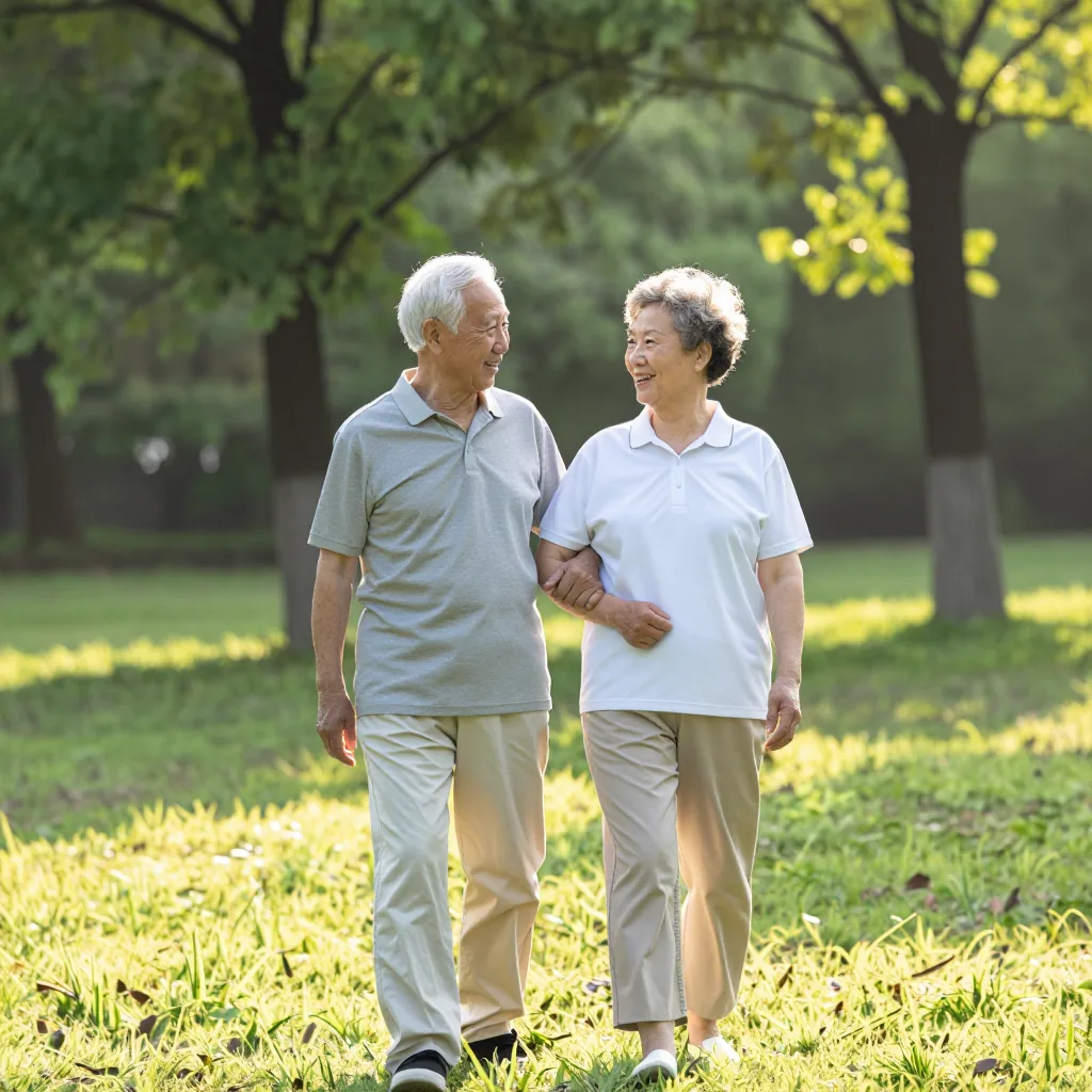 照片級寫實：一對亞洲銀髮夫妻在綠樹成蔭的公園並肩散步、相視而笑，晨光灑落