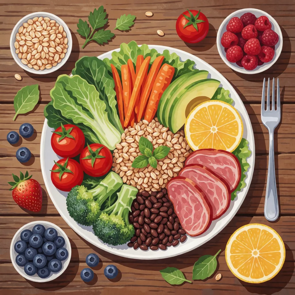 俯拍插畫：白盤上擺滿生菜、胡蘿蔔、番茄、莓果、全穀與蛋白質的均衡餐盤，周圍散放莓果與檸檬
