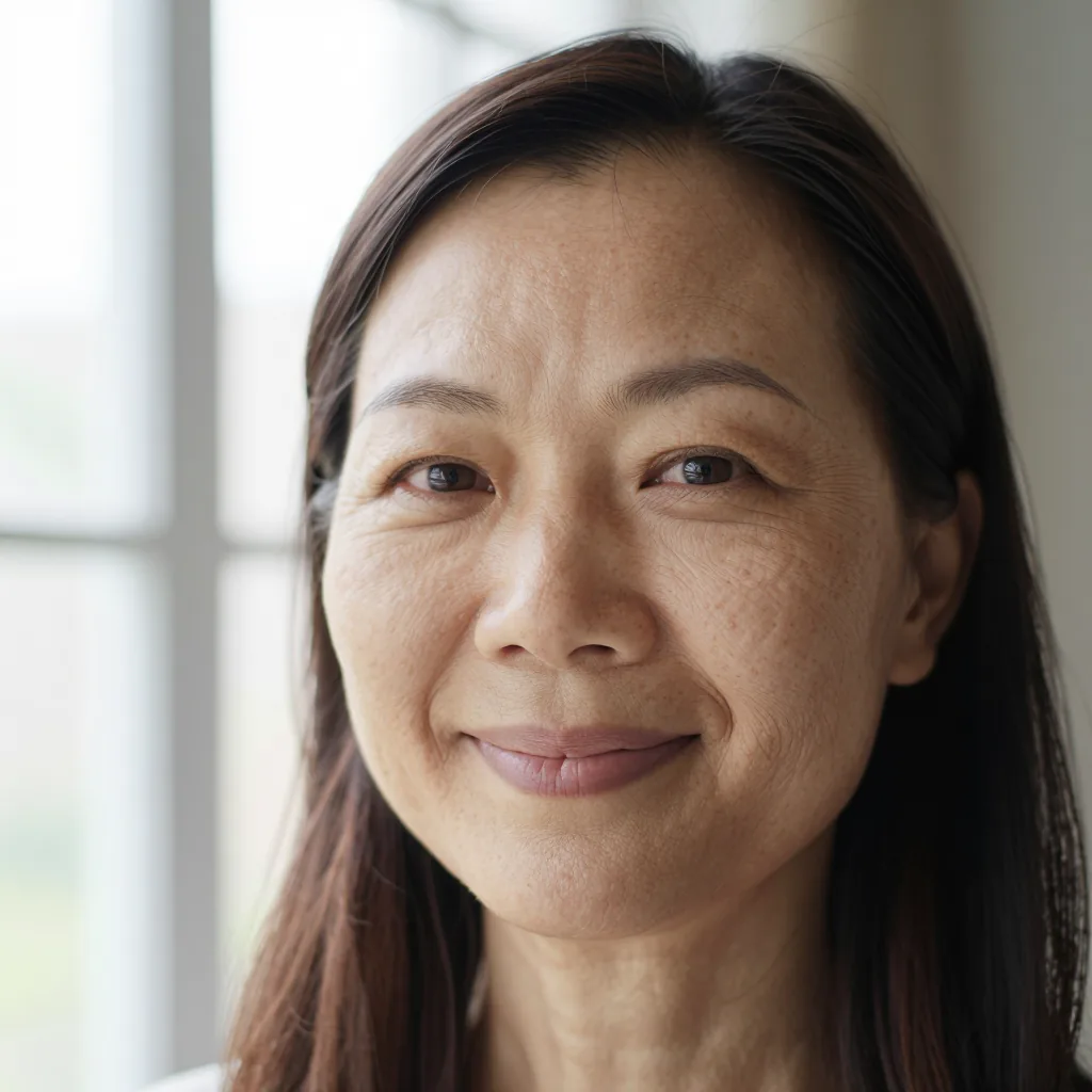 照片級寫實人像：一位面帶微笑的亞洲中年女性，皮膚紋理、細紋與雀斑清晰可見，窗光柔和