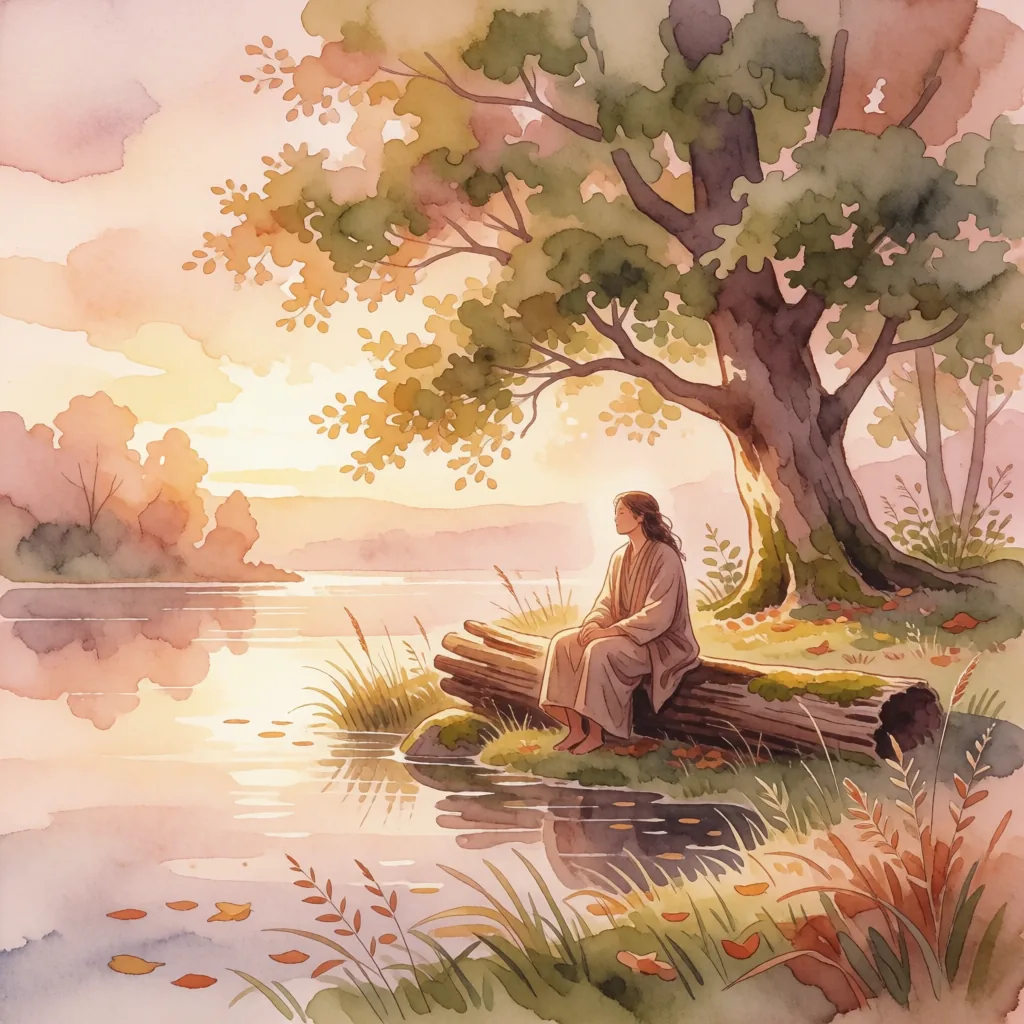 水彩插畫：一人靠著大樹坐在湖畔，夕陽金光灑在水面，手捧冒著熱氣的杯子，寧靜療癒的氛圍