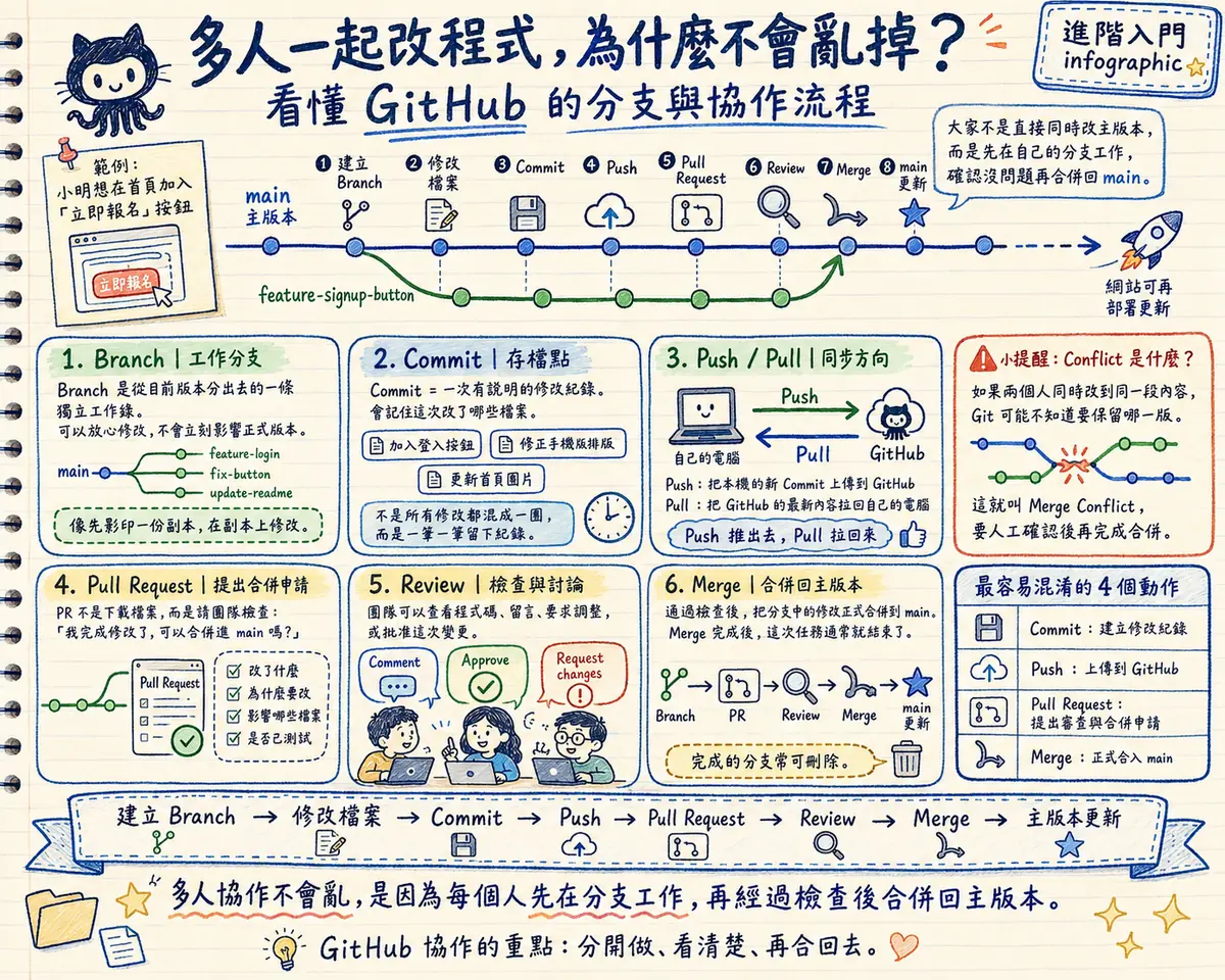 多人一起改程式為什麼不會亂掉教學海報：看懂 GitHub 的分支與協作流程 — 大家不是直接同時改主版本，而是先在自己的分支工作，確認沒問題再合併回 main；八步驟：建立 Branch → 修改檔案 → Commit → Push → Pull Request → Review → Merge → 主版本更新；名詞解釋：①Branch 工作分支（從目前版本分出去的一條獨立工作線，像先影印一份副本、在副本上修改）②Commit 存檔點（一次有說明的修改紀錄，不是所有修改都混成一團，而是一筆一筆留下紀錄）③Push／Pull 同步方向（Push 把本機的新 Commit 上傳到 GitHub，Pull 把 GitHub 的最新內容拉回自己的電腦）④Pull Request 提出合併申請（請團隊檢查：我完成修改了，可以合併進 main 嗎）⑤Review 檢查與討論（團隊可以查看程式碼、留言、要求調整或批准）⑥Merge 合併回主版本（通過檢查後把分支的修改正式合併到 main）；小提醒：兩個人同時改到同一段內容叫 Merge Conflict，要人工確認後再完成合併；結論：多人協作不會亂，是因為每個人先在分支工作，再經過檢查後合併回主版本