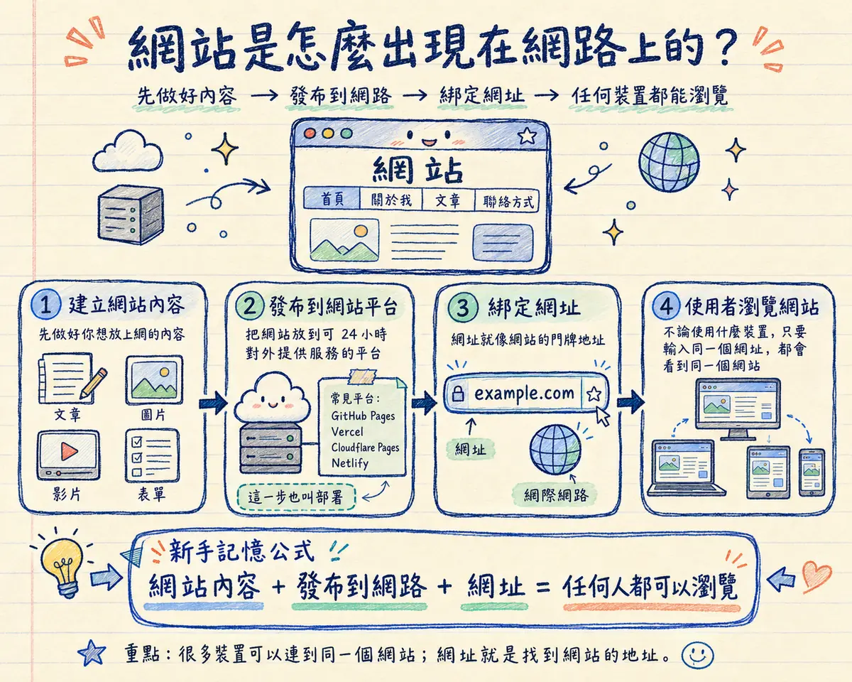 網站是怎麼出現在網路上的教學海報：先做好內容 → 發布到網路 → 綁定網址 → 任何裝置都能瀏覽；四步驟：①建立網站內容（文章、圖片、影片、表單）②發布到網站平台（放到可 24 小時對外提供服務的平台，常見平台 GitHub Pages、Vercel、Cloudflare Pages、Netlify，這一步也叫部署）③綁定網址（網址就像網站的門牌地址，example.com）④使用者瀏覽網站（不論使用什麼裝置，只要輸入同一個網址，都會看到同一個網站）；新手記憶公式：網站內容＋發布到網路＋網址＝任何人都可以瀏覽