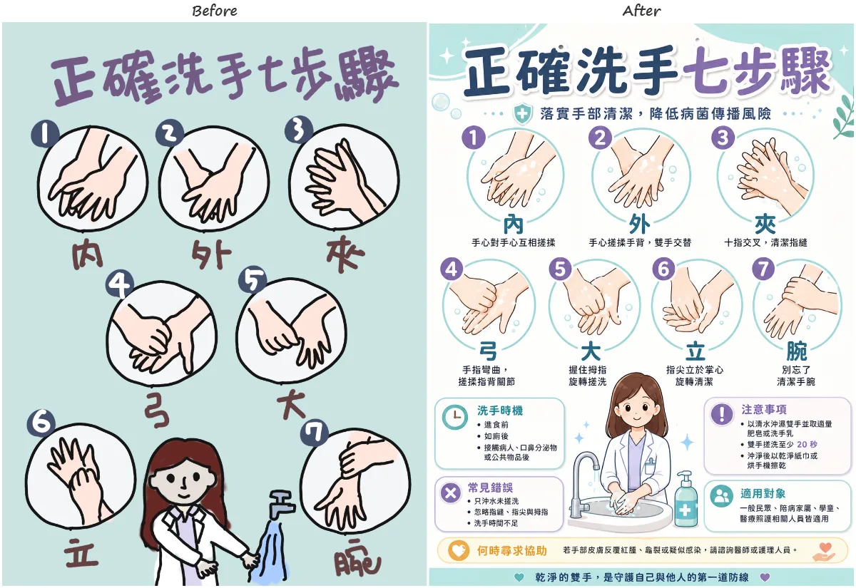 左右對比：左為手繪的正確洗手七步驟草稿，右為 ChatGPT 重新設計的專業版海報，新增洗手時機、注意事項、常見錯誤、適用對象等資訊區塊
