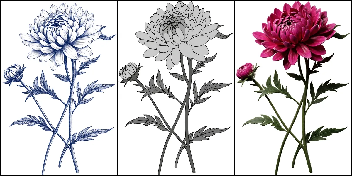Converge 三階段橫向對比：大理花青藍色手繪線稿、灰階向量線稿、桃紅色寫實渲染完稿