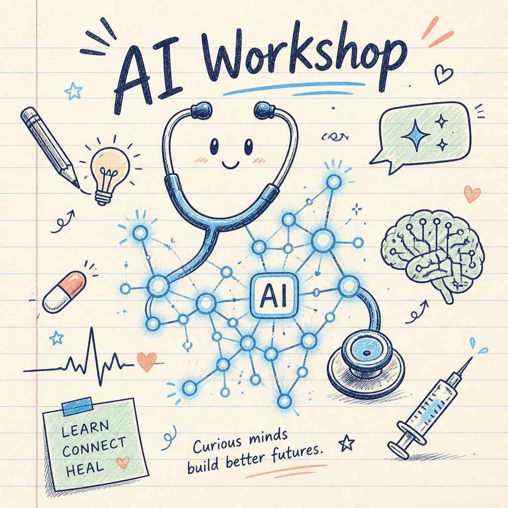 Image Editor 原圖：AI Workshop 筆記本手繪風方形插畫，聽診器笑臉與 AI 神經網路