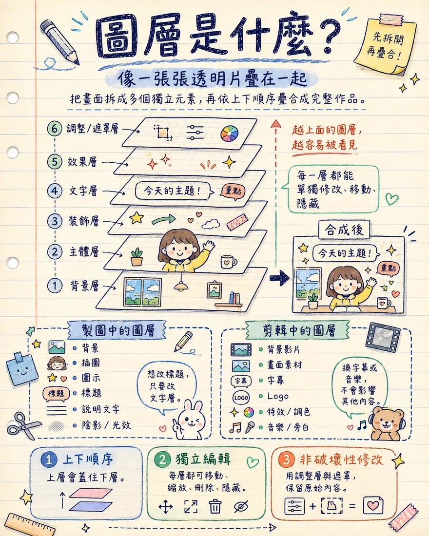 圖層入門教學海報：以透明片疊合比喻圖層，展示背景、主體、裝飾、文字、效果、調整六層疊成完整畫面，下方列出製圖與剪輯中常見的圖層類型，以及上下順序、獨立編輯、非破壞性修改三個原則