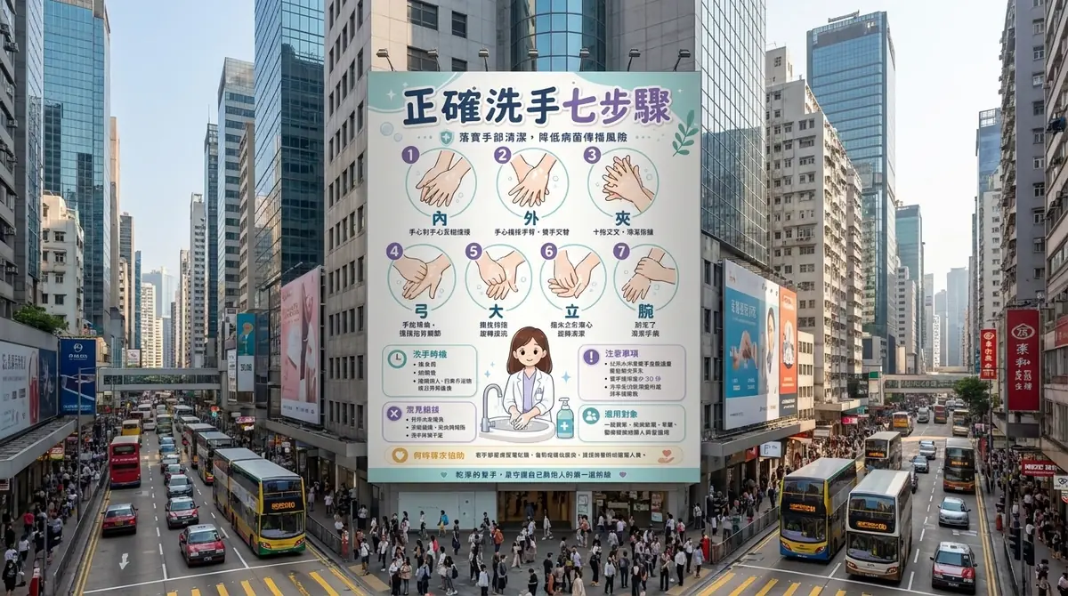 Mockup 成果：同一張洗手海報合成到城市大樓外牆巨型看板，街道有雙層巴士與人群