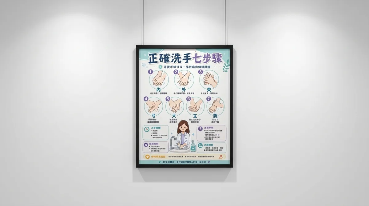 Mockup 成果：正確洗手七步驟海報合成到白牆展示框中，含吊掛鋼絲與投射燈光