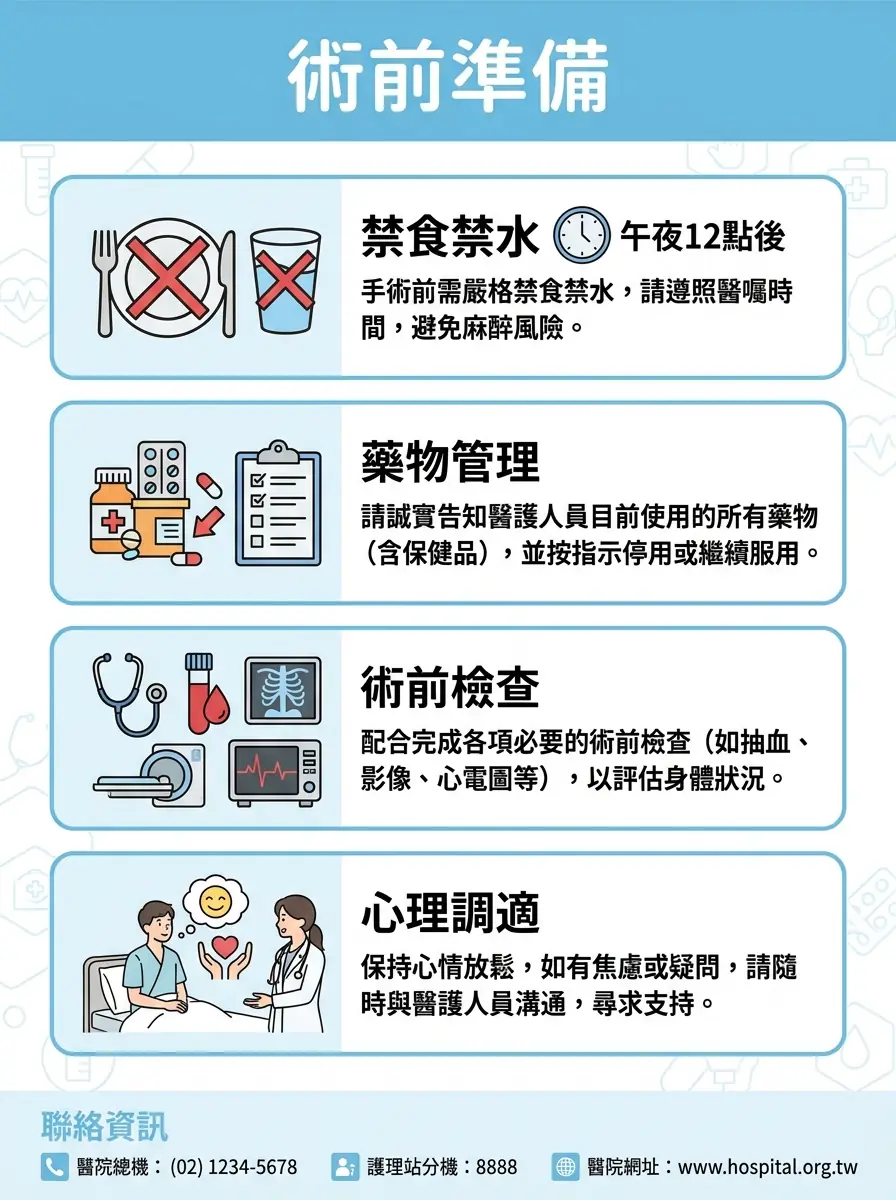 入門版 prompt 生成的術前準備海報：四個淡藍色圖示區塊（禁食禁水、藥物管理、術前檢查、心理調適），底部聯絡資訊是模型自行編造的假電話與假網址，禁食時間寫成午夜12點後
