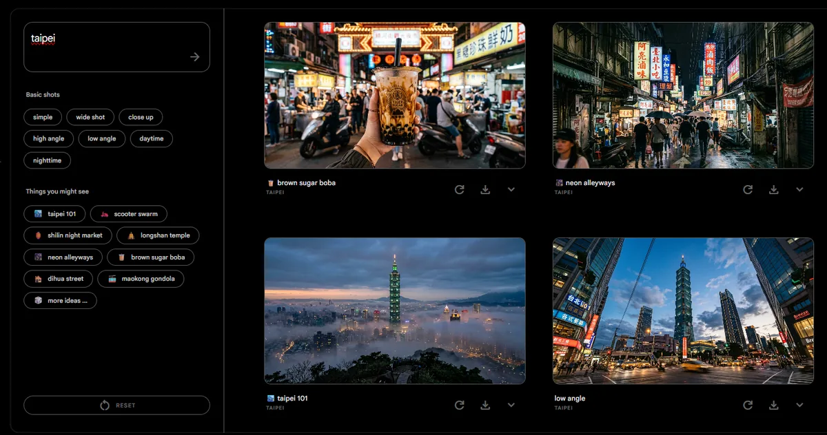 Scene Explorer 介面：輸入 taipei 生成珍珠奶茶、霓虹巷弄、台北 101 雲海與街景 4 張照片，左側有鏡位標籤與在地事物推薦標籤