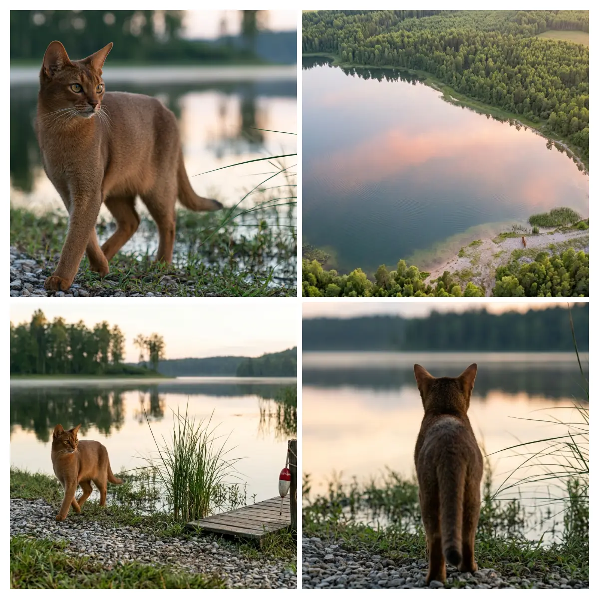 Shot Explorer 四格對比：湖邊棕色貓咪原圖，與俯瞰湖景、拉遠全景、貓咪背面三種運鏡結果