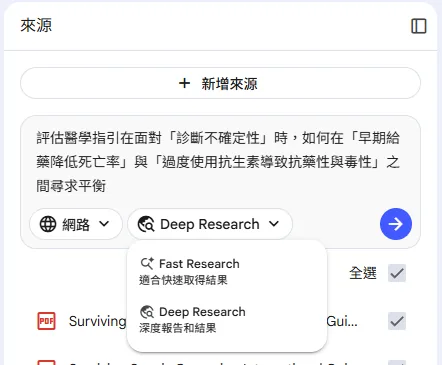 NotebookLM 來源面板截圖：查詢框輸入敗血症用藥時機的研究問題，下方展開 Fast Research（適合快速取得結果）與 Deep Research（深度報告和結果）兩種模式選單