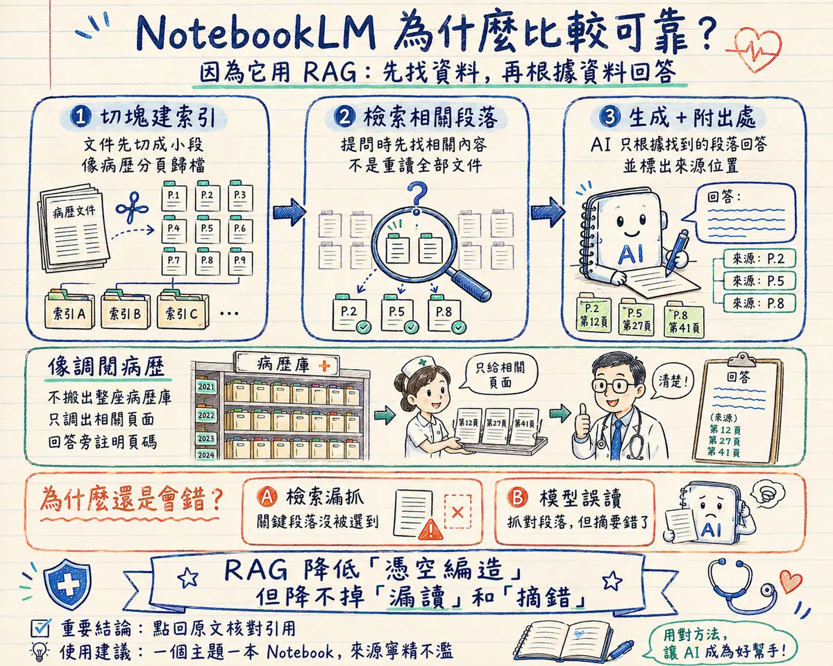 手繪風資訊圖：NotebookLM 為什麼比較可靠？以三步驟說明 RAG（切塊建索引、檢索相關段落、生成並附出處），搭配病歷調閱類比，並標出兩個出錯環節（檢索漏抓、模型誤讀），結論是 RAG 降低憑空編造但降不掉漏讀和摘錯